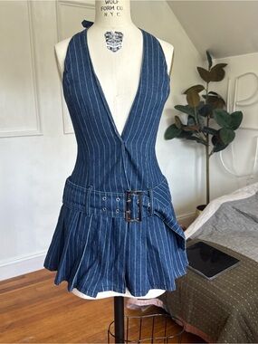 Edikted Blue Pinstripe Denim Skirt with Pink Tags